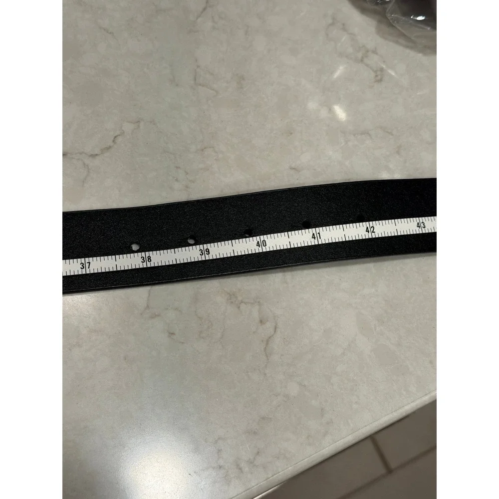 Chicos Black Faux Leather Logo Buckle Belt Large Silver Tone Tailored Minimalist